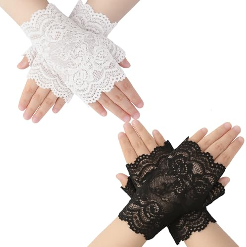 2-Piece Short Lace Gloves for Women Gothic Steampunk Halloween Fingerless Gloves, Floral Lace 80s Design For Wedding, Tea Party, Opera & Dinner, Black White