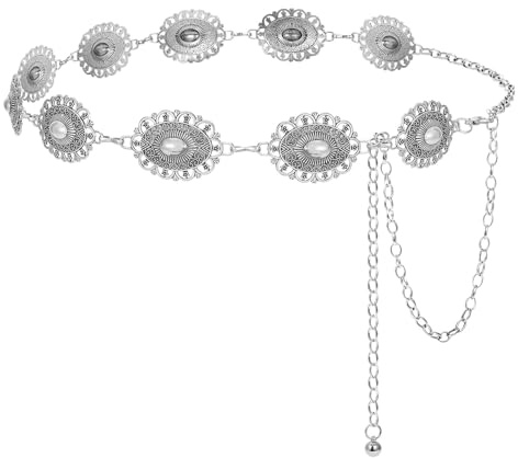 WERFORU Dam, västerländsk kedjebälte, justerbar 110–150 cm, midjekedja, metall, guld/silver, cowgirl tillbehör för klänningar, fest, bröllop, C-silver (blomma), Gesamtlänge 130cm (Passt Taille unter