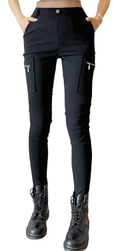 Nuofengkudu Slim Fit Pantalones Cargo Mujer Ajustado Elástica Cintura Alta Bolsillos Cremallera Trabajo Pantalón Pitillo Tipo Leggings Prácticos Jóvenes Trousers Y2K Moda Streetwear Gótico Negro 2XL