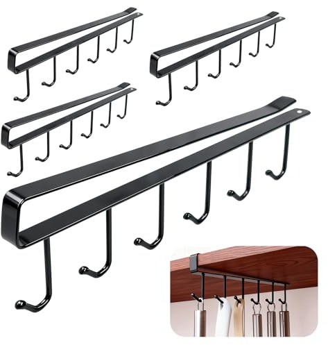 AMJKEJI 4 Pezzi Supporto per Tazze Sotto Armadio, Organizzatore per Mensola, Appendiabiti Senza Foratura, Ganci per Armadio da Cucina, Ristorante, Bar, Supporto per Tazze da Tè e Caffè (Nero)