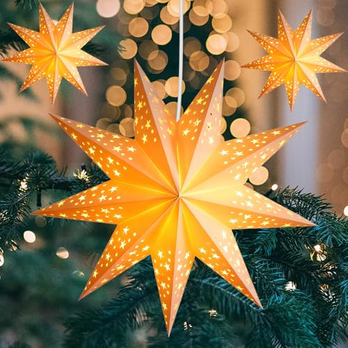 Étoiles Pliantes de Noël, 3 PCS 45 cm Étoile Papier à Suspendre, Papier étoiles Plafond Ornement avec Mini Guirlande LED à Pile, pour Noël Mariage fête Danniversaire Décoration (Blanc)
