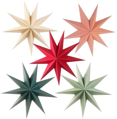 5Pcs Red Pink Green Beige Christmas Paper Star,12 Inch Large 9 Pointed Hanging Star Lantern for Xmas Tree,Fireplace,Porch,Birthday Party,Home Decor
