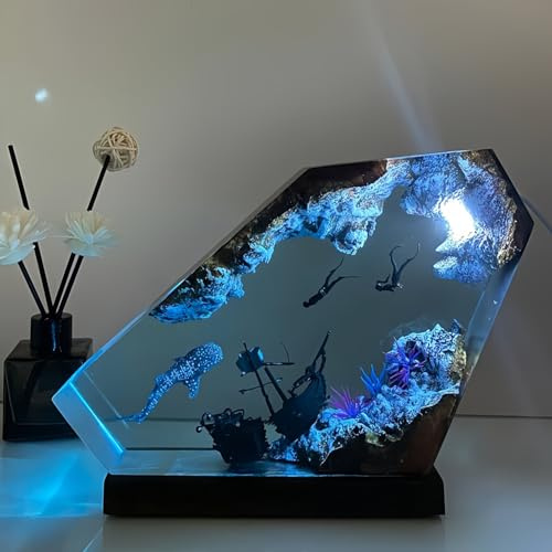 Drawelry 3D Ozean Epoxidharz Nachtlicht Meere Figuren Statue Ornamente mit Holzsockel Harz Marine Tier Hai Wale Oktopus Taucher Kunsthandwerk Skulptur Tischlampe Mini Aquarium Dekoration (B13, S)