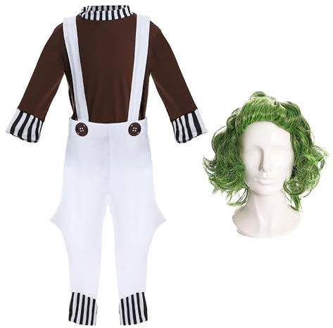 Boys Chocolate Factory Worker Costume – Brown Top with White Dungarees and Green Wig Kids Storybook Character Fancy Dress Outfit for World Book Day Book Week Halloween and School Events