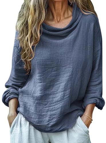 Onsoyours Camicia Donna Manica Lunga Estiva Camicie in Lino Cotone Elegante Girocollo Blusa da Lavoro Casual Top A Blu M