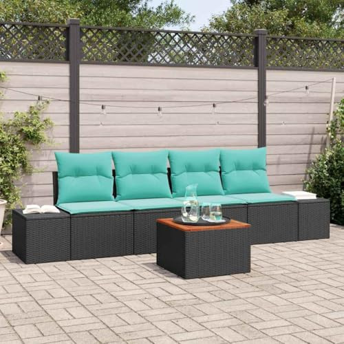 GeenYuu Ensemble canapé Jardin modulable 5 pièces Noir polyrotin avec Coussins, mobilier extérieur résistant aux intempéries pour terrasse Balcon Patio, Banquette Angle légère avec Table Basse