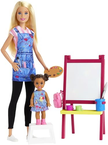 Barbie GJM29 - Kunstlehrerin-Spielset, Puppe (blond), Kleinkind-Puppe, Staffelei mit Farbwechsel-Effekt, Pinsel, Farb- & Wasserbecher, Tritthocker, Spielzeug für Kinder ab 3 Jahren