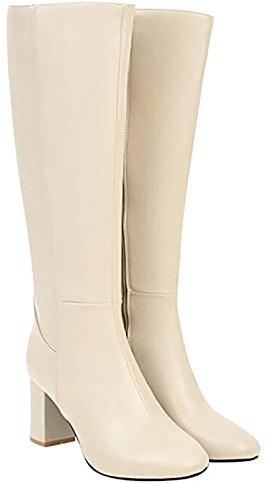 Hotberry Damen Stiefeletten Warme Lange Stiefel Hohe Boots Elegante Sexy Runde Zehe Plattformen High Heel Frauen Herbst Winter Reißverschluss PU Lederstiefel Schuhe, Beige, (37 EU)