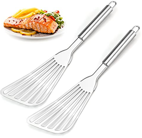 Cualork 2-Piece Premium Fish Spatula Set, Big Size Stainless Steel, Thickness Blade Turner for Cooking, Flipping, Frying and Grilling