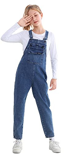 Rolanko Salopette di Jeans da Ragazze con Spalline Regolabili, Tuta di Denim Casual per Bambini, Tasche Blu, Taglia:150