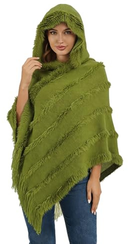 Stickad Poncho Med Fransar för Kvinnor - Huva Halsduk Cape Med Virkning Plysch Randig Och Flanell Mode, Mörkgrön, One Size