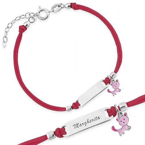 Sakrami Bracciale Argento 925 Bimba Cordoncino Rosso Gattino Piastrina Incidibile Kids Collection + Confezione Regalo Personalizzata - Braccialetto per Nascita Comunione o Battesimo