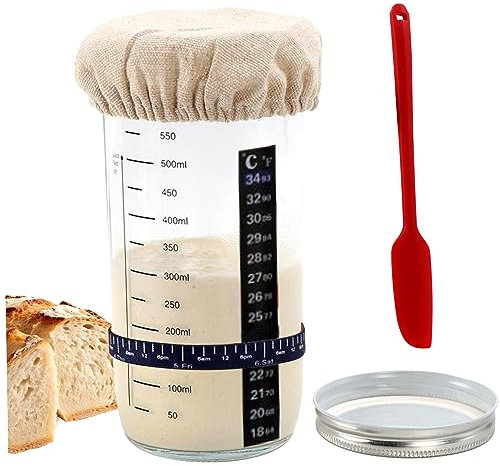Eyccier Sauerteig-Starterglas mit Deckel, 6-teilig, Sauerteig-Starter-Set, 550 ml, Gärgläser aus Glas, wiederverwendbares Weithalsglas mit Skala, Silikonschaber, Stoffabdeckung für die Brotgärung