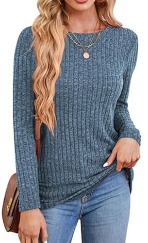Rongseng Damtröjor Långärmad Rund Hals Dam Tunika Toppar Lättviktslösa Pullover Mjuka Sweatshirts Elegant Långärmad T-Shirt Casual Sweatshirt Mode Blusar för Höst Vinter, Blå, XL