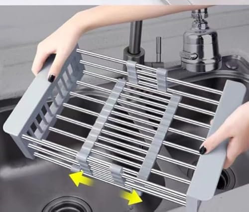 Generico Bdit ACCESORI Scolapiatti da Lavello Appoggio telescopico allungabile e Rimovibile di Asciugatura del Superiore del Lavandino Dell'acciaio Inossidabile Cestello in rete, cestello lavello