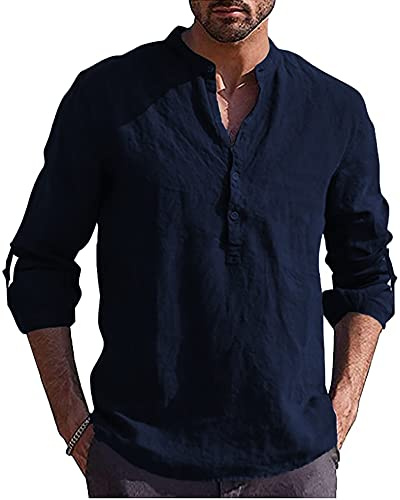 YAOBAOLE Chemise Lin Homme Manches Longues Homme Chemise en Coton et Lin Decontracte Boutons Bleu Marine XL