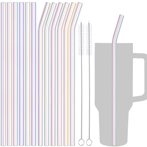 NiHome 12er-Pack Irisierende Glas-Trinkhalme, passend für 40 oz Stanley Tumbler, 30,5 cm, 6 gerade & 6 gebogene Halme mit 2 Reinigungsbürsten