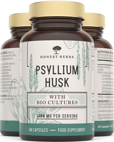 Psyllium Husks Capsules with Probiotics - High Fibre Supplement 1400mg - Soluble Fiber Tablets High Strength - 60 Capsules - Pure Psyllium Husk & 6B Acidophilus Probiotic Complex for Digestive Support
