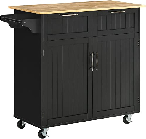 HOMCOM Isla de Cocina con Ruedas Carrito de Cocina Mueble Auxiliar de Cocina con 2 Puertas 2 Cajón Toallero y Estante Ajustable para Comedor Salón 104x46x91 cm Negro