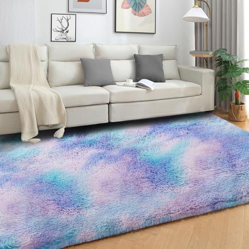 SOANNY Hochflor Wohnzimmer Teppich, Waschbar Anti-Rutsch & Flauschig, Tie-Dye Langflor Teppiche für Schlafzimmer & Kinderzimmer, Bettvorleger Matte, 120 x 180 cm, Türkis Lila