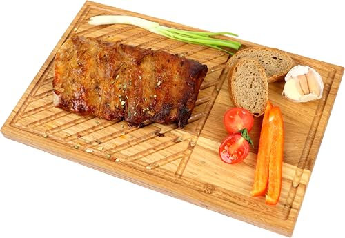 B4K® Planche à steak en bois de chêne - Planche de service pour steak et viande grillée - Planche à découper massive avec rainure à jus - Planche à griller de qualité supérieure pour barbecue, viande