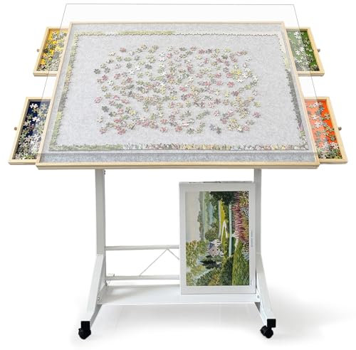 ZZJIHAI 1500 Piece Jigsaw Puzzle Table with Drawers, Adjustable Wooden Rotating Puzzle Board with Legs and Cover, Portable Large Movable Puzzles Tables with Wheels & Storage for Adults
