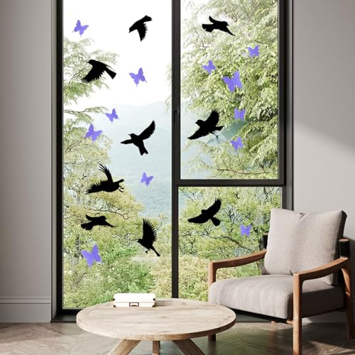 Bird Stickers for Window Panes Window Stickers Bird Protection Window Bird Protection 4 Stickers (Black) + 12 PVC Butterflies (Purple/Blue)