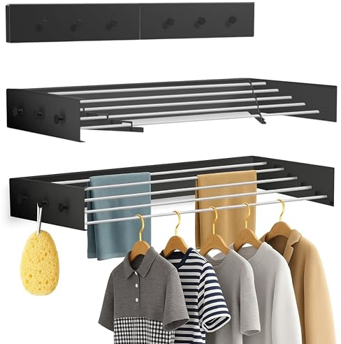 Homexa Wall Mounted Drying Racks for Laundry (31.5 Inches Wide) – Retractable Clothes Drying Rack wall Mounted with Carbon Steel Panel 6 Knobs & 5 Aluminium rods, Wall Drying Rack with Screws (Black)