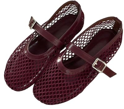 SYJYM Estate Rete Da Pesca Sandali Fondo Piatto Design Hollow Fashio Taglio Basso Bocca Bassa Confortevole Spiaggia Scarpe Romane Donna, Rosso vinaccia, 37.5 EU