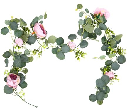 2 stück Künstliche Blumengirlande Eukalyptus Girlande Deko Rosen Blumen Girlande Hängend Gefälschte Blumen Vintage Rosenrebe für Hochzeit, Garten, Wand, Dekor,Fahrrad(2