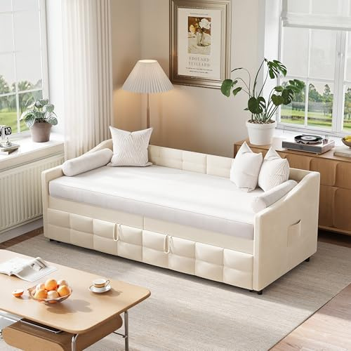 BRILVERDE Sofà Letto Estraibile in Velluto con Tasche Laterali, Moderno Divano 2 Posti, Space Saving (Crema, 90/180x200 cm)