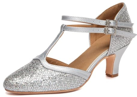 GYUBL Chaussures de Danse Latine Femme Bout Fermé de Salon Standard Caractère Chaussures pour Salsa Tango Bachata Valse,L656-Argent-6,EU43