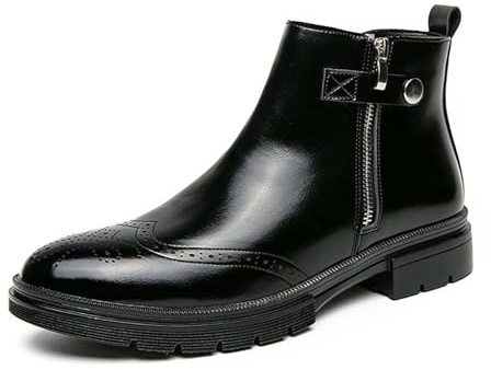 Générique Hommes Bout Rond Plateforme Chaussures De Brogue Cuir PU Bottines Courtes avec Fermeture Éclair Latérale Talon Plate Bottines Chelsea,Noir,47 EU