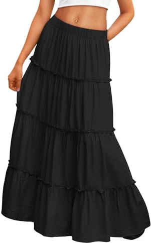 LILLUSORY Maxi Skirts for Women UK Summer Boho Long Skirt Swing Tiered A-Line Elastic High Waist Skirts with Pockets