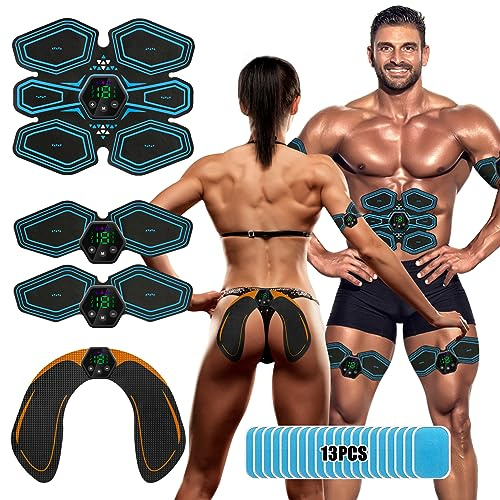 Lovcoyo EMS Muscle Stimulator, AB Trainer with 6 Modes & 19 Intensities | Electric ABS Stimulator, Six Pack Machine, Toning Full Body Abdominal/Arm/Legs/Hip, Men and Women, 13 gel, Blue