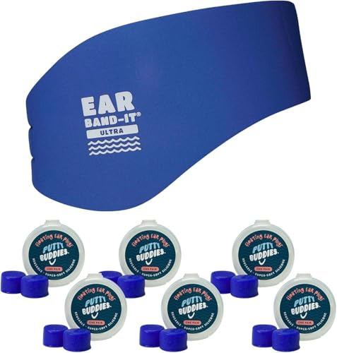 Ear Band-It Swimming Headband with Putty Buddies earplugs (6 Pair) Doctor Recommended Medium (Ages 4-9) Blue