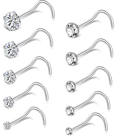 Tornito 20G 10Pcs Stainless Steel Screw Shaped Nose Studs Rings CZ Nose Ring Labret Nose Piercing Jewelry for Men Women Silver Tone 1.5mm-2mm-2.5mm-3mm-3.5mm CZ