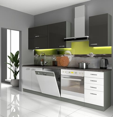 Küche Bianca Basic V 240 Küchenzeile Hochglanz Weiß + Grau Einbauküche Grey