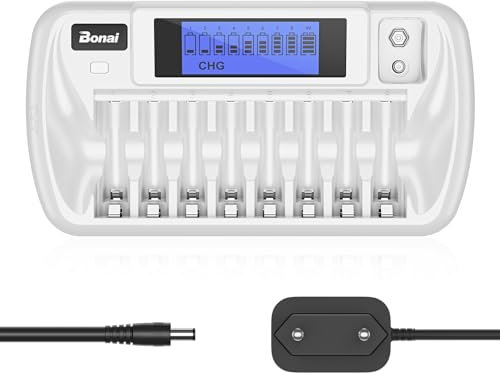 BONAI LCD Cargador de Pilas para AA AAA Ni-MH Ni-CD y 9V Pilas Recargables, Inteligente Cargador de Pilas, 9 Slot Cargador de Pilas Universal Función de Descarga con AC Adaptador.
