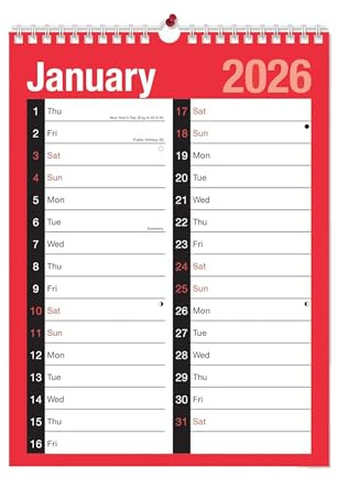 2026 Large A4 Wall Calendar – 2 Column Month-to-View Planner, Spiral Bound, Runs January–December 2026 – Perfect for Home, Office, Business & School