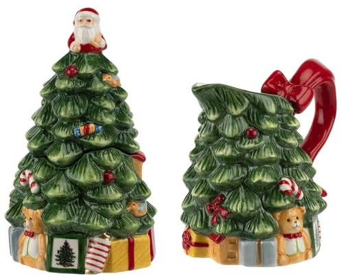 Spode Christmas Tree Sugar & Creamer Set - Figural Tree 7.4oz Creamer Jug & 5.3oz Lidded Sugar Jar - Festive Dolomite Holiday Tea and Coffee Set, Dishwasher Safe Ceramic Tableware Gift