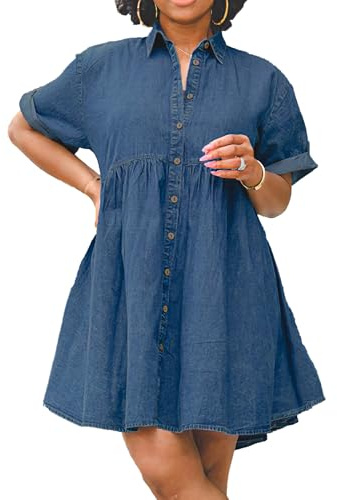 TheyLook Womens Denim Babydoll Dresses Summer Outfits Button Down Ruffle Tiered Jean Dress
