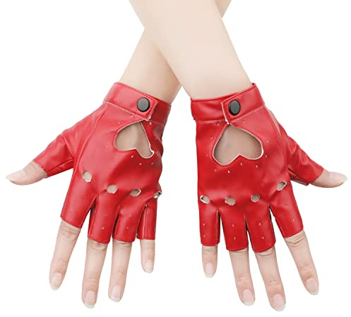 1 Paire Gants Sans Doigts en Cuir Rouge, Élégants Style Punk pour Halloween Femmes Filles Cosplay Performance