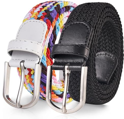 TANGCHAO 2 Stücke Stoffgürtel Stretchgürtel Elastik Flechtgürtel Geflochtener und Elastischer Dehnbarer Gürtel für Damen und Herren Breite 3.3cm Mehrfarbig+Schwarz 100cm