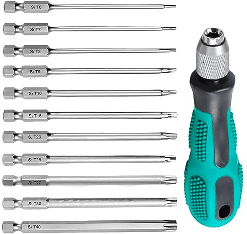 Juego de 12 destornilladores Torx – Incluye destornilladores y 11 puntas Torx (100 mm), T6 hasta T40 para tornillos de perfil T, martillo perforador y atornillador inalámbrico