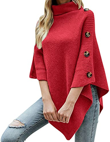 Poncho pour femme - Pull long en tricot - Manteau pour l'été et l'hiver - Poncho en tricot à col roulé - Poncho tricoté avec boutons décoratifs - Pull poncho - Cape - Taille unique