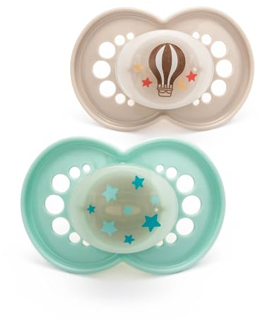 MAM Latex Glow-in-the-Dark Dummies, 6-18m, 2 Pack, Orthodontic, Blue/Linen