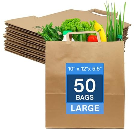 Paper Bags with Handles - 50 Large Paper Bags (W10 x H12 x D5.5) Brown Large SOS Kraft Bags - Perfect for Lunch, Party, Gift, Storage, Packaging, Grocery Takeaway, Sandwich