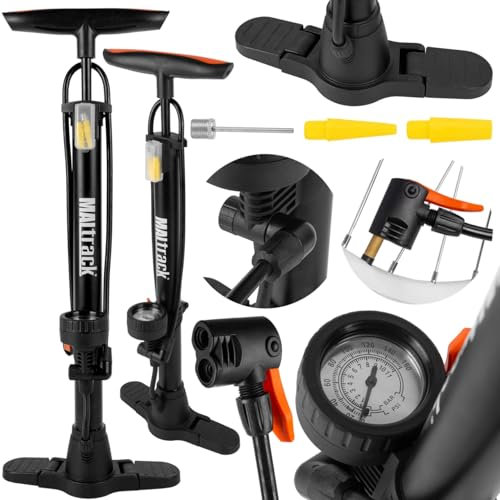MalTec Fahrradpumpe mit Manometer Luftpumpe für Fahrrad, Auto,Matratze, Standpumpe, Standluftpumpe, DREI verschiedenen Spitzen