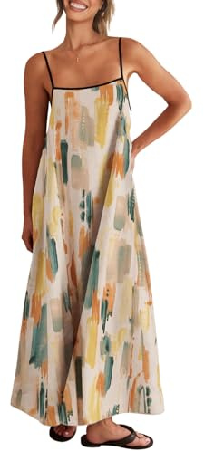 Shy Velvet Women's 2026 Summer Linen Maxi Dress Contrast Spaghetti Strap Dress Backless Casual Party Beach Dresses, Watercolor, L